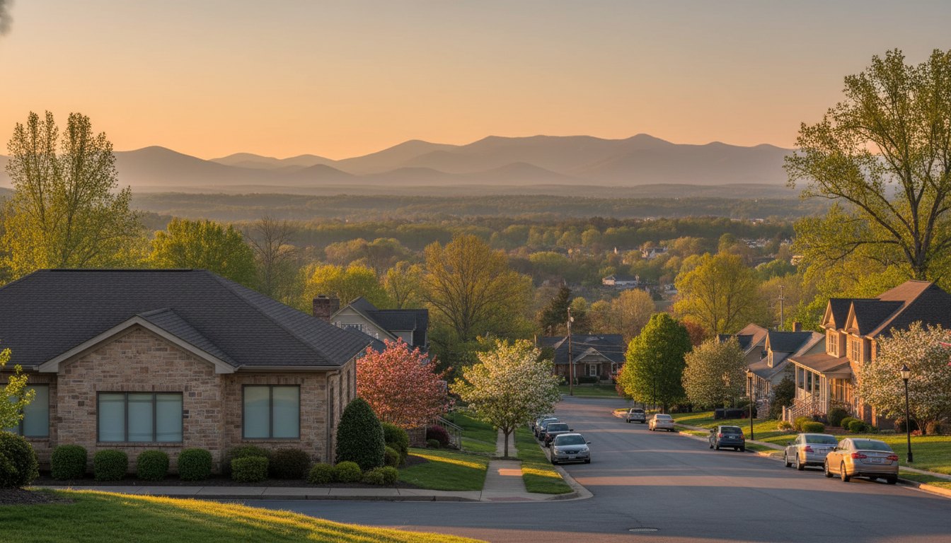 East Tennessee foothills with a small medical office at golden hour